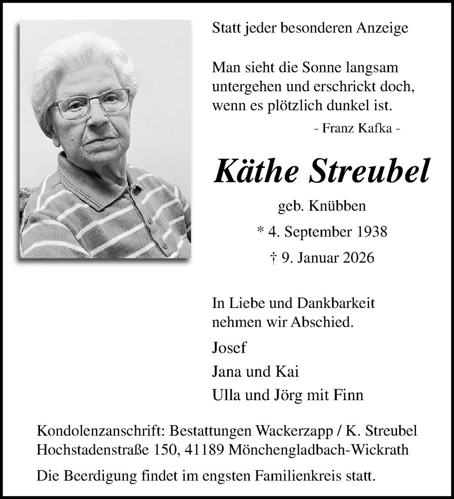  Traueranzeige für Käthe Streubel vom 25.01.2026 aus trauer.panorama-anzeigenblatt.de
