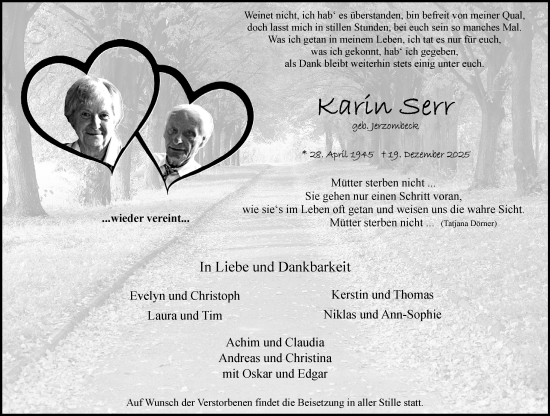 Traueranzeige von Karin Serr von trauer.stadt-kurier.de