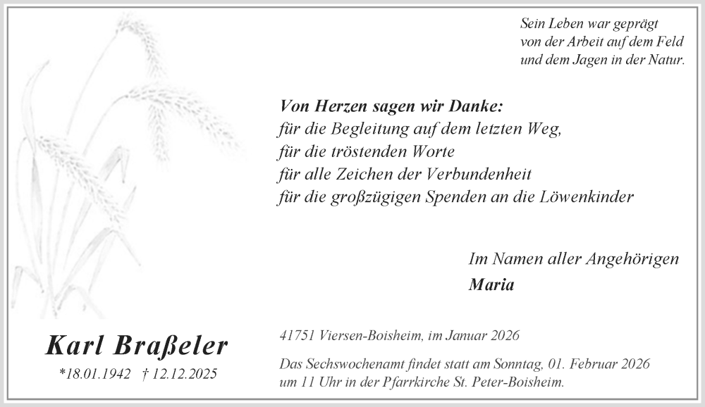  Traueranzeige für Karl Braßeler vom 25.01.2026 aus trauer.panorama-anzeigenblatt.de