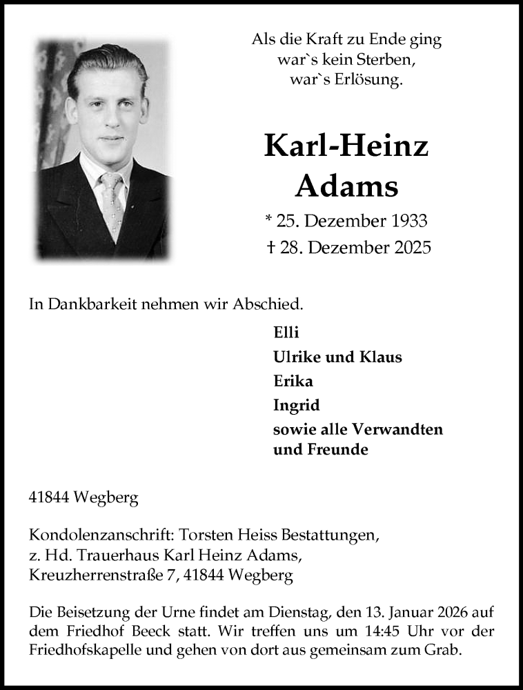  Traueranzeige für Karl-Heinz Adams vom 11.01.2026 aus trauer.panorama-anzeigenblatt.de