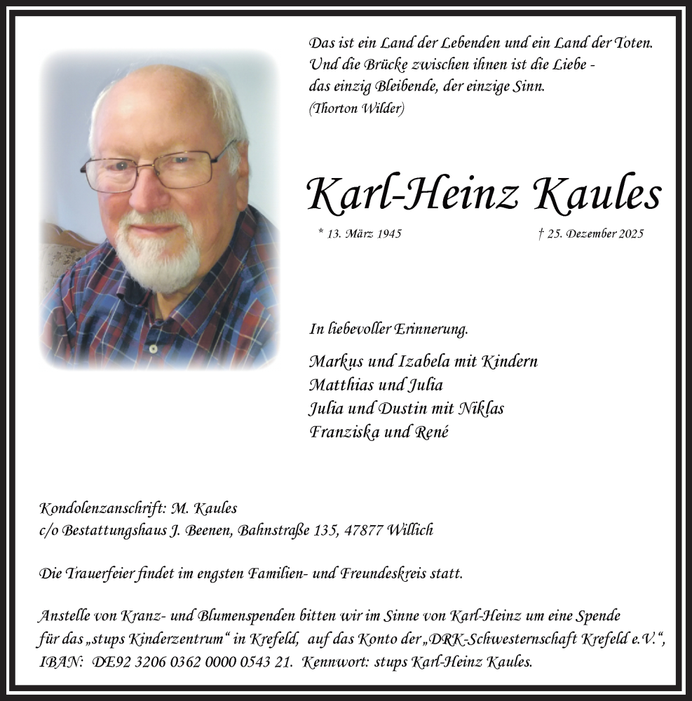  Traueranzeige für Karl-Heinz Kaules vom 18.01.2026 aus trauer.panorama-anzeigenblatt.de