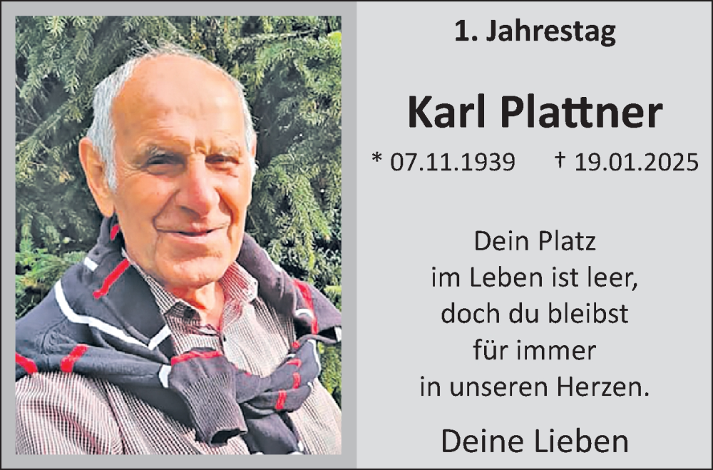  Traueranzeige für Karl Plattner vom 18.01.2026 aus trauer.panorama-anzeigenblatt.de