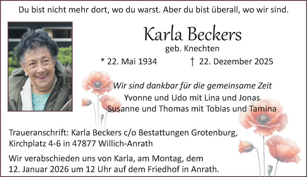  Traueranzeige für Karla Beckers vom 04.01.2026 aus trauer.panorama-anzeigenblatt.de