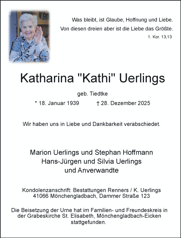  Traueranzeige für Katharina Uerlings vom 25.01.2026 aus trauer.panorama-anzeigenblatt.de