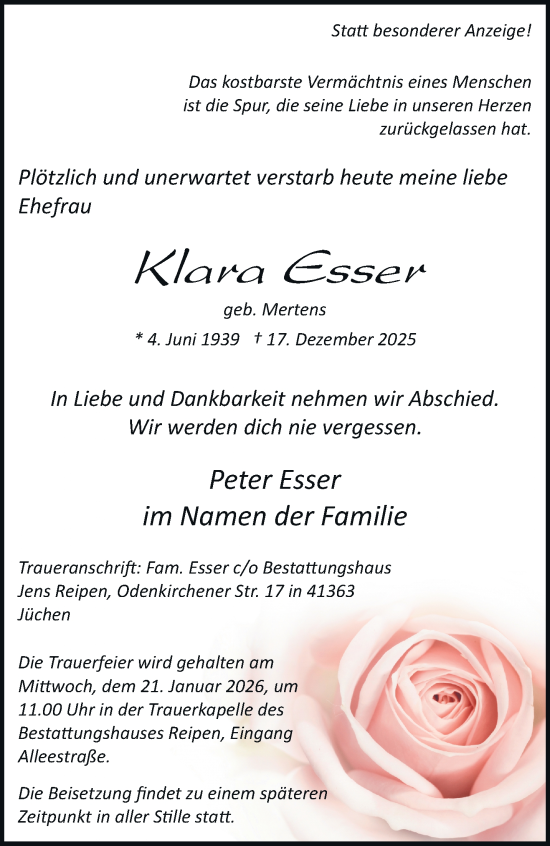 Traueranzeige von Klara Esser von trauer.stadt-kurier.de