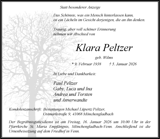 Traueranzeige von Klara Peltzer von trauer.panorama-anzeigenblatt.de