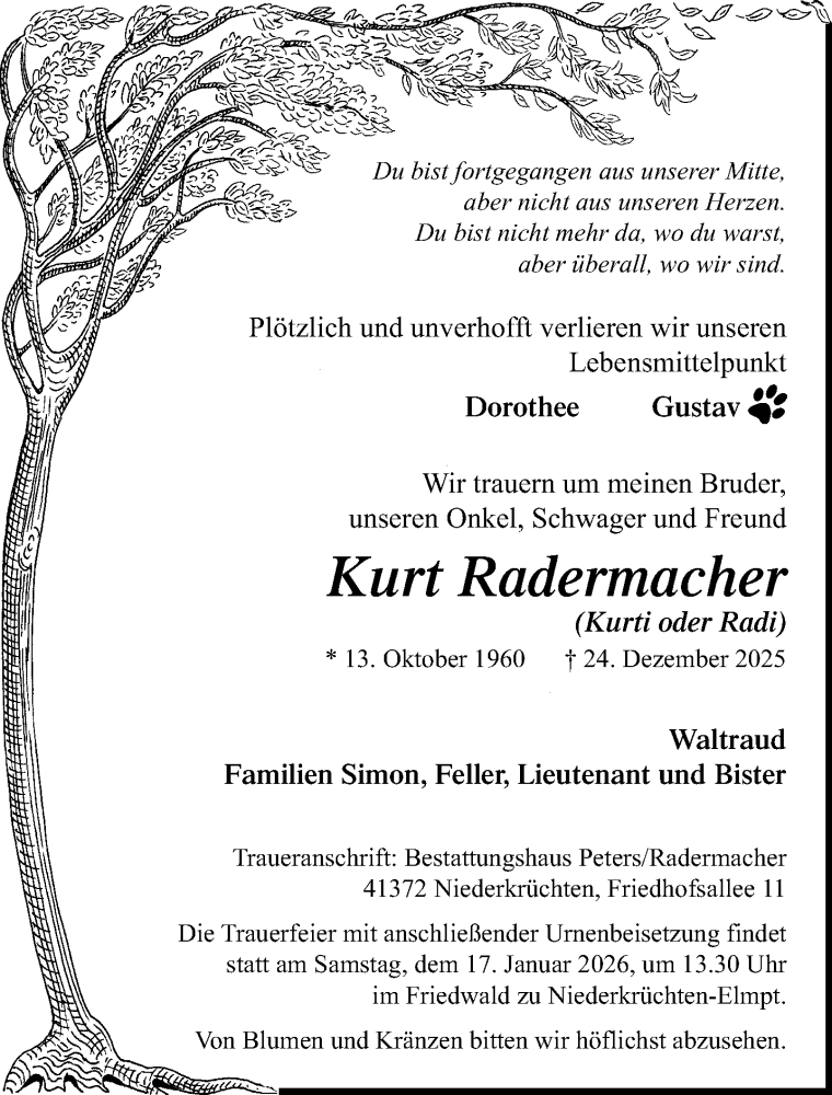  Traueranzeige für Kurt Radermacher vom 11.01.2026 aus trauer.panorama-anzeigenblatt.de