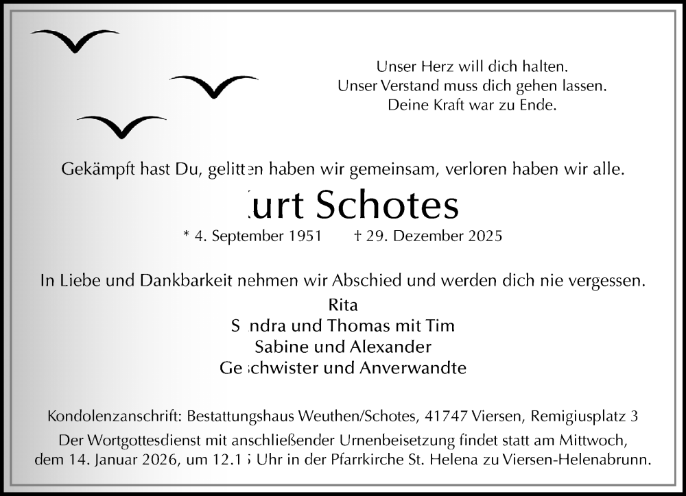  Traueranzeige für Kurt Schotes vom 11.01.2026 aus trauer.panorama-anzeigenblatt.de