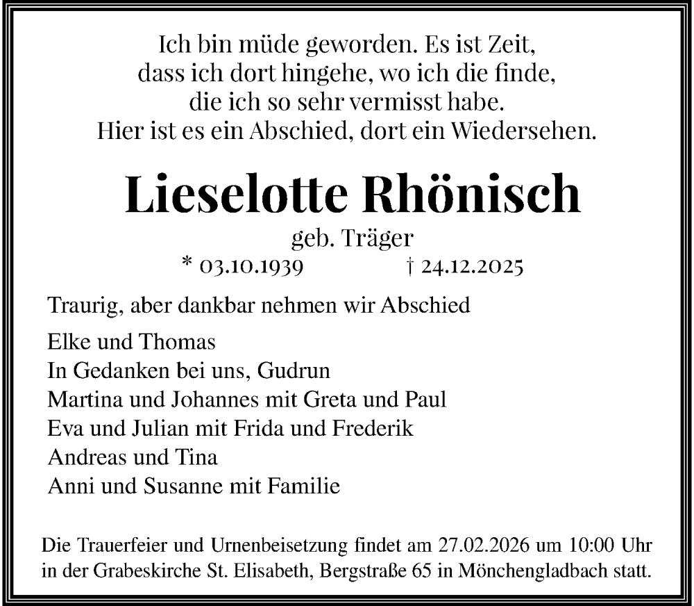  Traueranzeige für Lieselotte Rhönisch vom 25.01.2026 aus trauer.panorama-anzeigenblatt.de