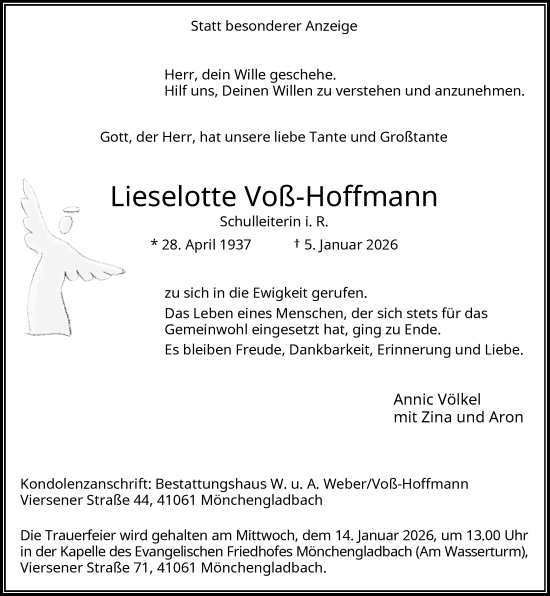 Traueranzeige von Lieselotte Voß-Hoffmann von trauer.panorama-anzeigenblatt.de