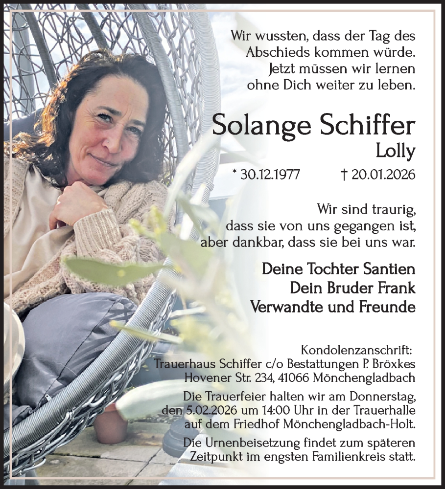  Traueranzeige für Lolly Schiffer vom 25.01.2026 aus trauer.panorama-anzeigenblatt.de