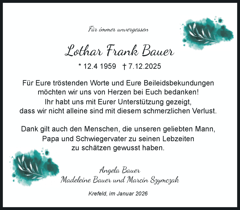  Traueranzeige für Lothar Frank Bauer vom 25.01.2026 aus trauer.panorama-anzeigenblatt.de