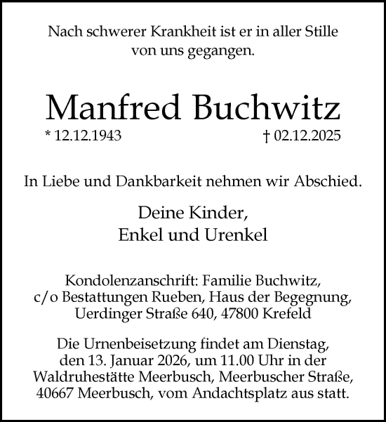 Traueranzeige von Manfred Buchwitz von trauer.panorama-anzeigenblatt.de