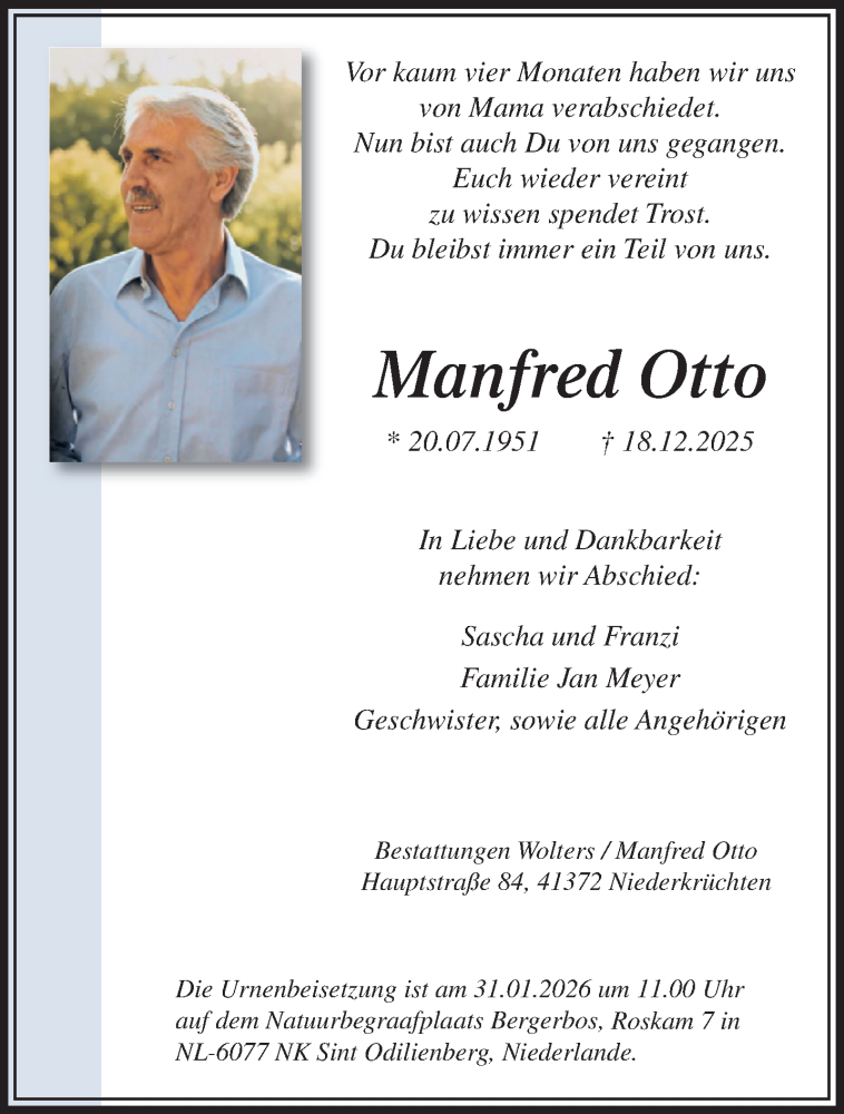  Traueranzeige für Manfred Otto vom 18.01.2026 aus trauer.panorama-anzeigenblatt.de