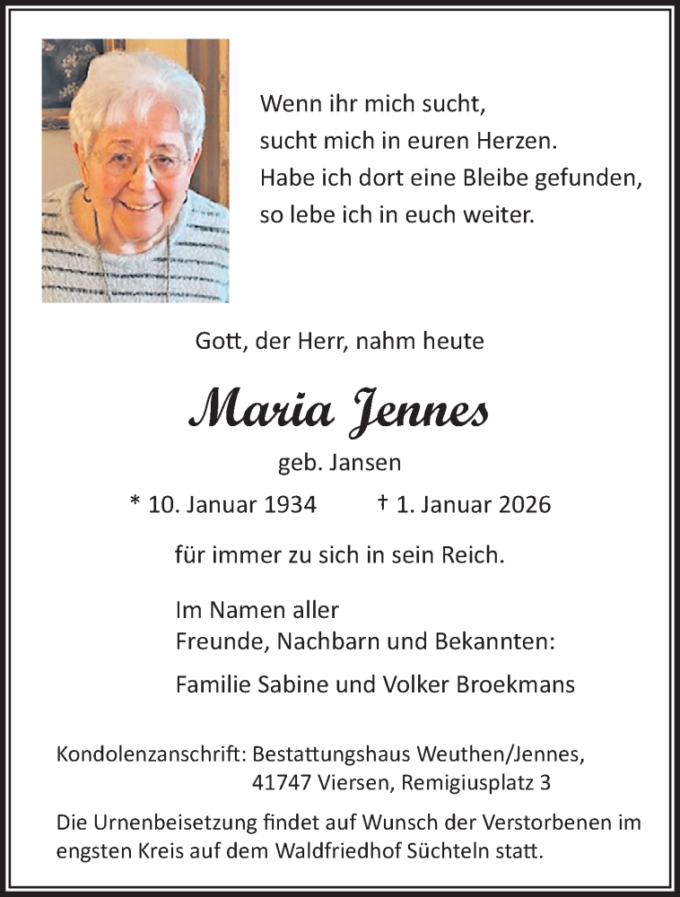  Traueranzeige für Maria Jennes vom 11.01.2026 aus trauer.panorama-anzeigenblatt.de