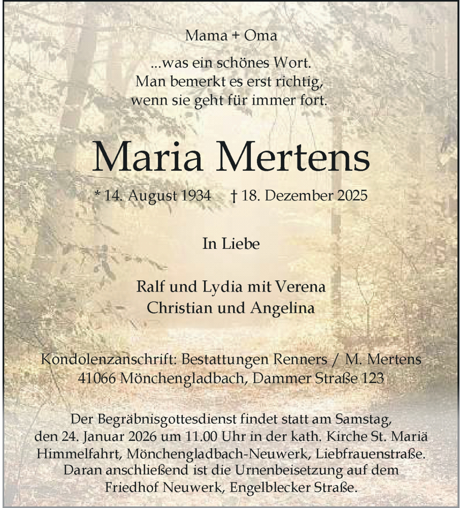  Traueranzeige für Maria Mertens vom 18.01.2026 aus trauer.panorama-anzeigenblatt.de
