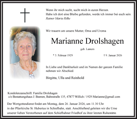 Traueranzeige von Marianne Drolshagen von trauer.panorama-anzeigenblatt.de