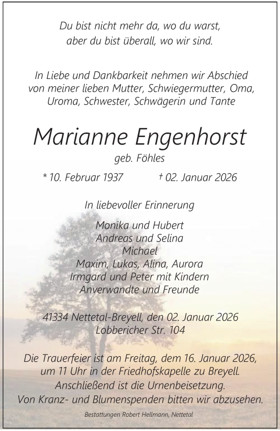 Traueranzeige von Marianne Engenhorst von trauer.panorama-anzeigenblatt.de