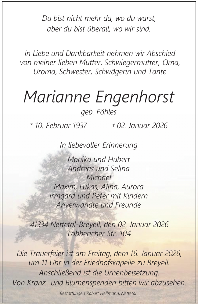  Traueranzeige für Marianne Engenhorst vom 11.01.2026 aus trauer.panorama-anzeigenblatt.de