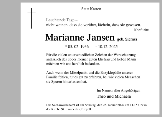 Traueranzeige von Marianne Jansen von trauer.panorama-anzeigenblatt.de