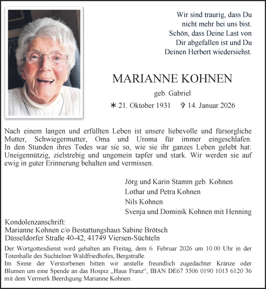 Traueranzeige von Marianne Kohnen von trauer.panorama-anzeigenblatt.de