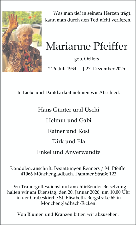 Traueranzeige von Marianne Pfeiffer von trauer.panorama-anzeigenblatt.de
