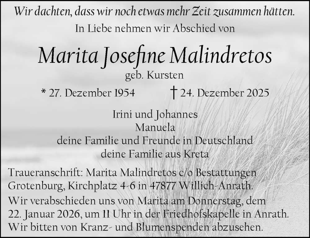  Traueranzeige für Marita Josefine Malindretos vom 11.01.2026 aus trauer.panorama-anzeigenblatt.de