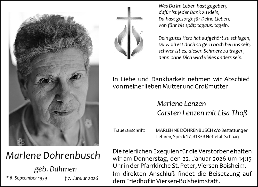  Traueranzeige für Marlene Dohrenbusch vom 18.01.2026 aus trauer.panorama-anzeigenblatt.de