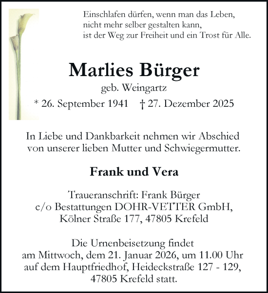Traueranzeige von Marlies Bürger von trauer.panorama-anzeigenblatt.de
