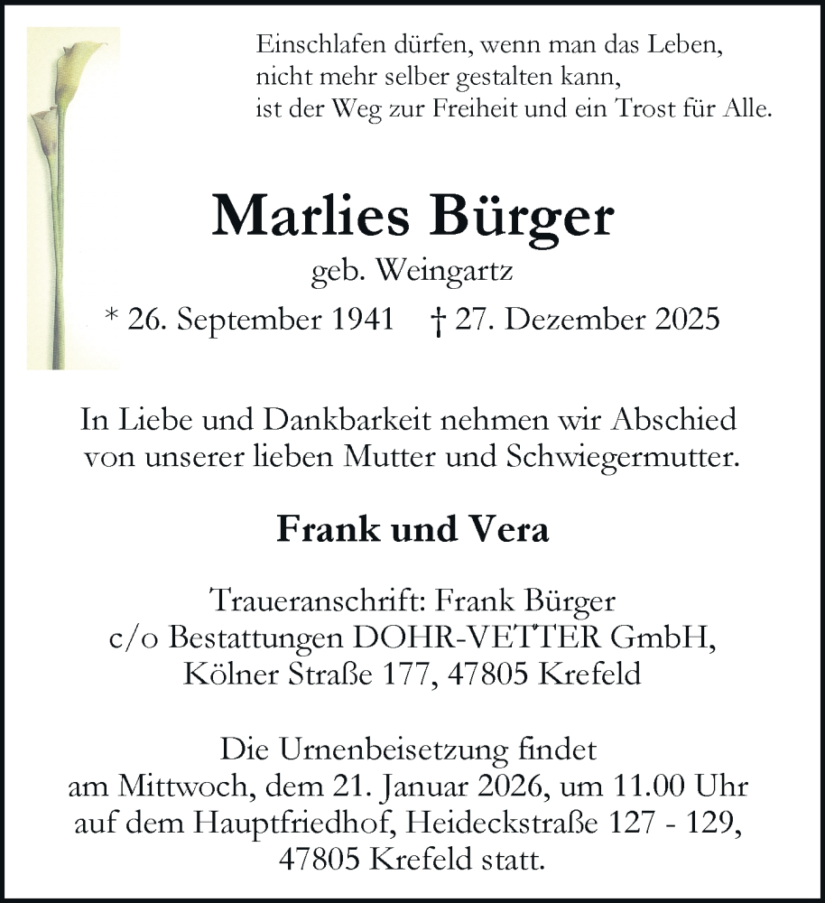  Traueranzeige für Marlies Bürger vom 11.01.2026 aus trauer.panorama-anzeigenblatt.de