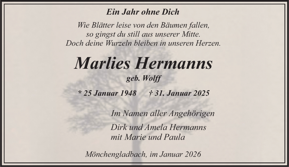  Traueranzeige für Marlies Hermanns vom 25.01.2026 aus trauer.panorama-anzeigenblatt.de