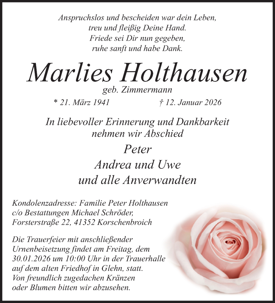  Traueranzeige für Marlies Holthausen vom 18.01.2026 aus trauer.panorama-anzeigenblatt.de