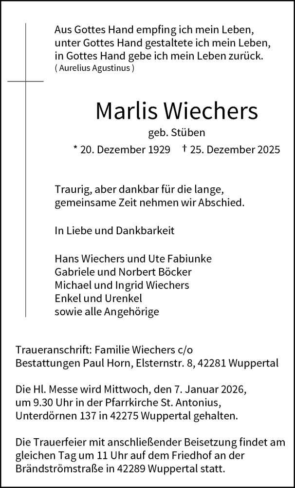  Traueranzeige für Marlis Wiechers vom 03.01.2026 aus trauer.wuppertaler-rundschau.de