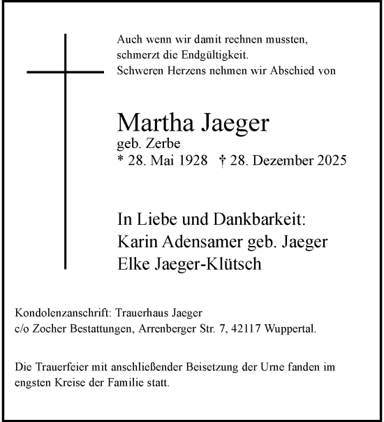 Traueranzeige von Martha Jaeger von trauer.wuppertaler-rundschau.de