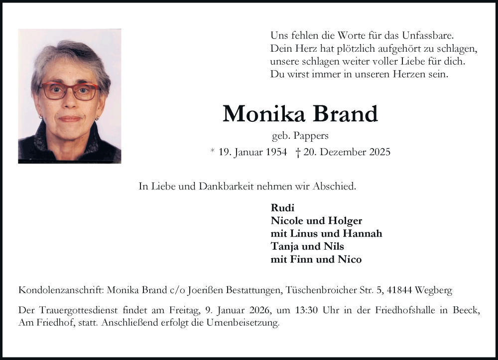  Traueranzeige für Monika Brand vom 04.01.2026 aus trauer.panorama-anzeigenblatt.de