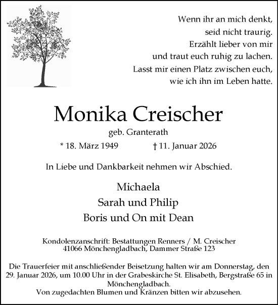 Traueranzeige von Monika Creischer von trauer.panorama-anzeigenblatt.de
