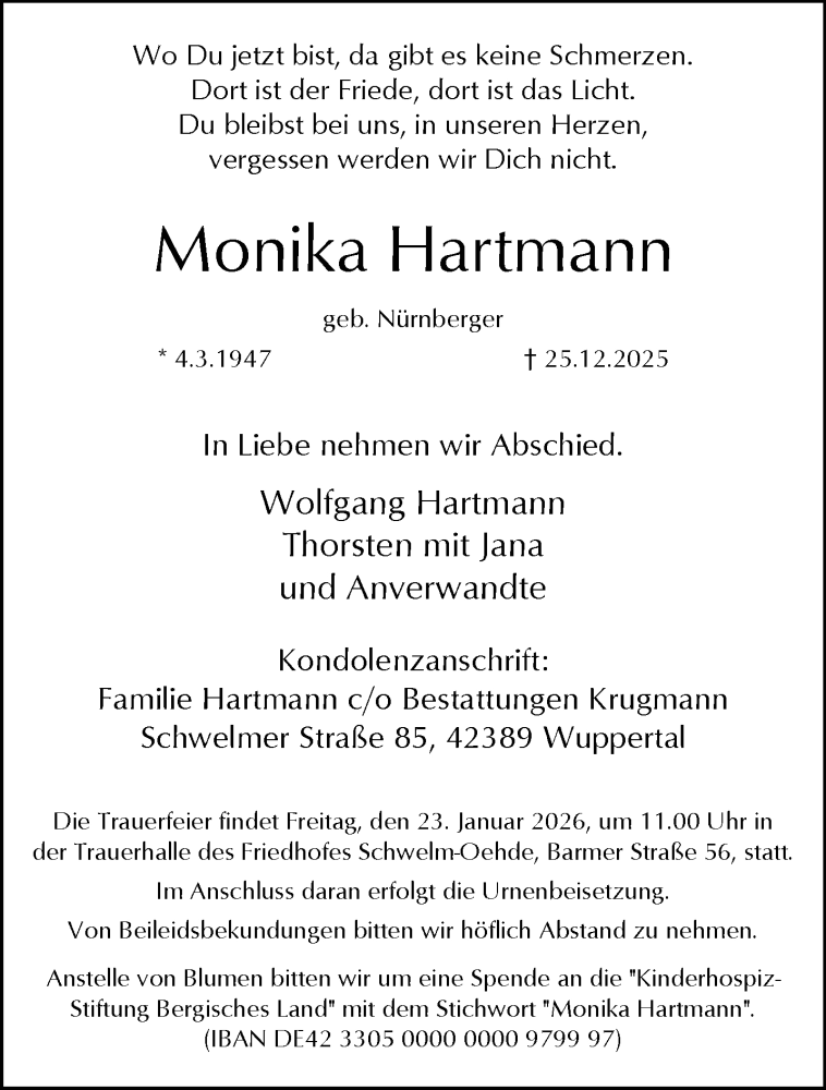  Traueranzeige für Monika Hartmann vom 10.01.2026 aus trauer.wuppertaler-rundschau.de