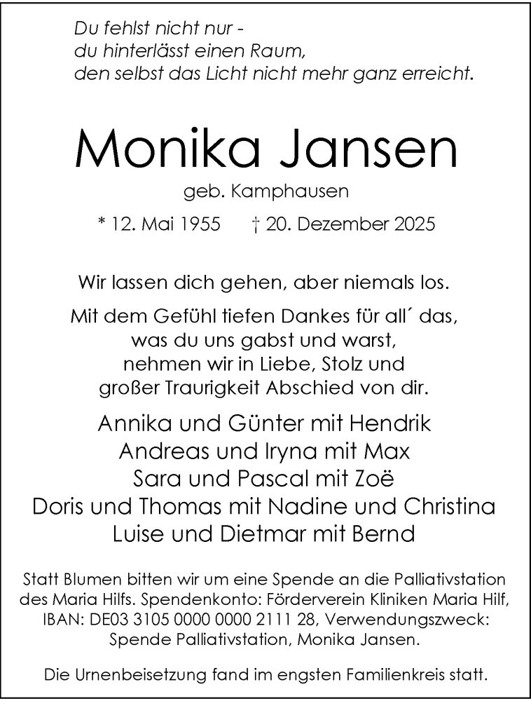 Traueranzeige für Monika Jansen vom 11.01.2026 aus trauer.panorama-anzeigenblatt.de
