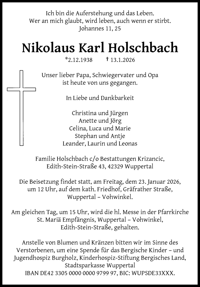  Traueranzeige für Nikolaus Karl Holschbach vom 17.01.2026 aus trauer.wuppertaler-rundschau.de