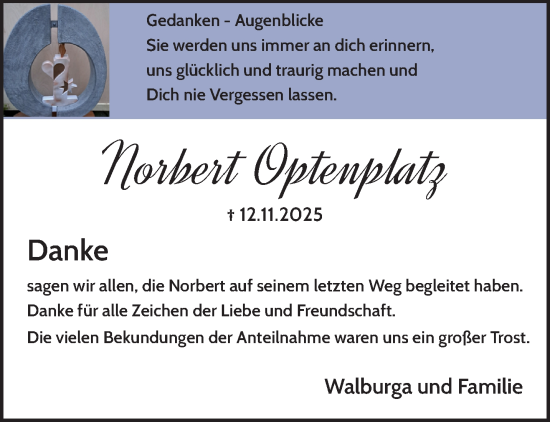 Traueranzeige von Norbert Optenplatz von trauer.panorama-anzeigenblatt.de