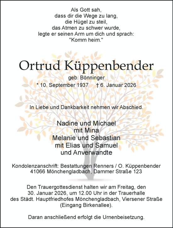 Traueranzeige von Ortrud Küppenbender von trauer.panorama-anzeigenblatt.de