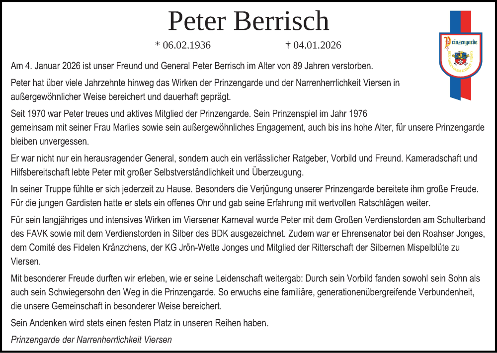  Traueranzeige für Peter Berrisch vom 18.01.2026 aus trauer.panorama-anzeigenblatt.de