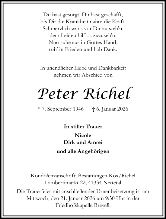 Traueranzeige von Peter Richel von trauer.panorama-anzeigenblatt.de