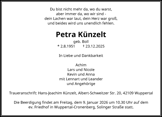 Traueranzeige von Petra Künzelt von trauer.wuppertaler-rundschau.de