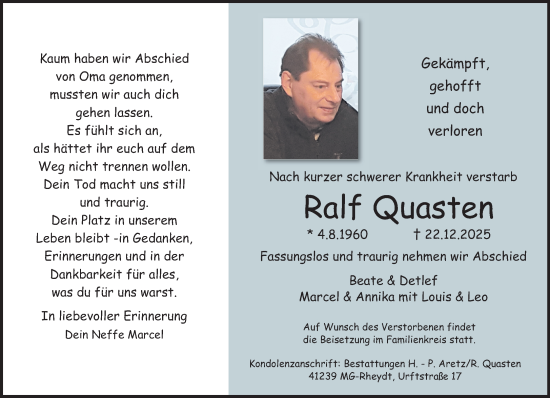 Traueranzeige von Ralf Quasten von trauer.panorama-anzeigenblatt.de