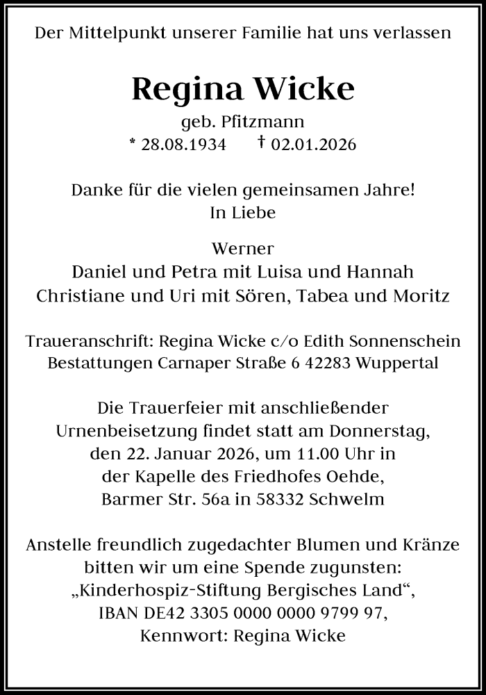  Traueranzeige für Regina Wicke vom 17.01.2026 aus trauer.wuppertaler-rundschau.de