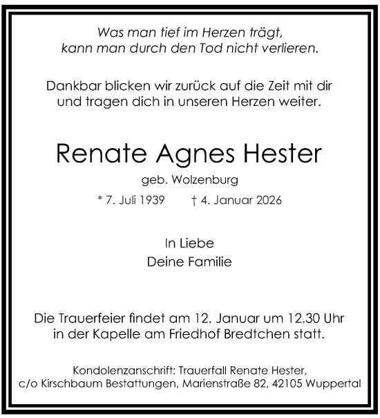 Traueranzeige von Renate Agnes Hester von trauer.wuppertaler-rundschau.de