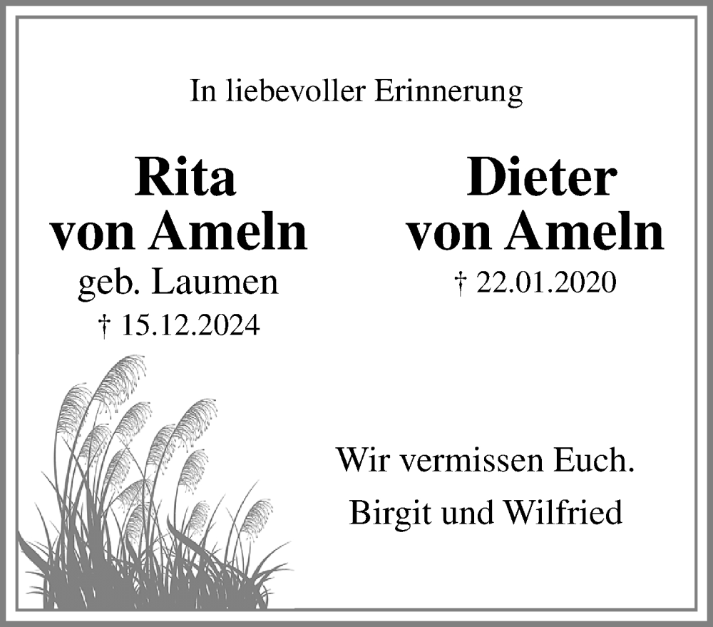  Traueranzeige für Rita Dieter von Ameln vom 18.01.2026 aus trauer.panorama-anzeigenblatt.de