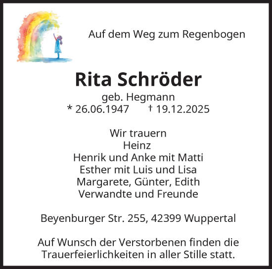 Traueranzeige von Rita Schröder von trauer.wuppertaler-rundschau.de