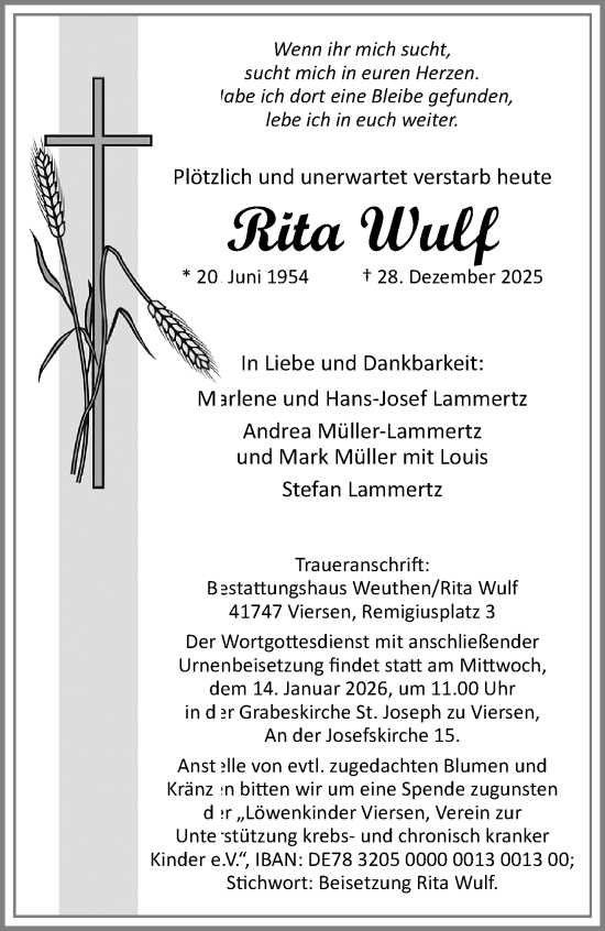 Traueranzeige von Rita Wulf von trauer.panorama-anzeigenblatt.de